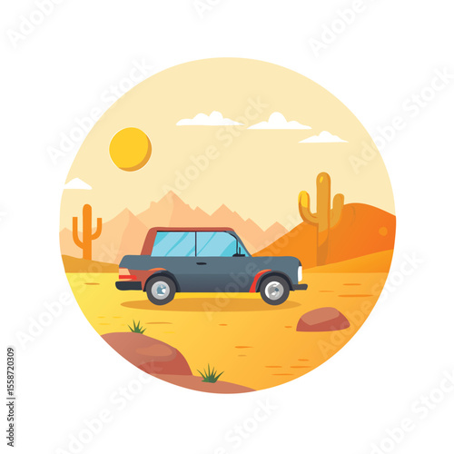 Vintage car driving on desert area scene vector art design 