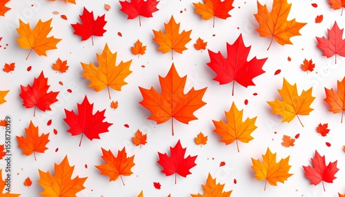 A vibrant arrangement of colorful maple leaves scattered across a white surface.