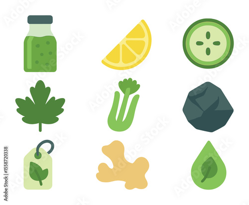 Detox Juice Icons. Flat icon set of detox juices: green juice bottle, lemon wedge, cucumber slice, parsley