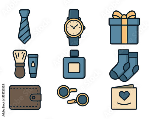 Father's Day Gift Icons. Flat icon set of Father’s Day gifts: necktie, wristwatch, gift box, shaving kit,