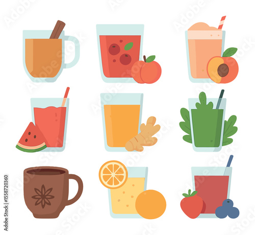 Seasonal Juice Icons. Flat icon set of seasonal juice flavors: apple cider, cranberry juice, peach smoothie,
