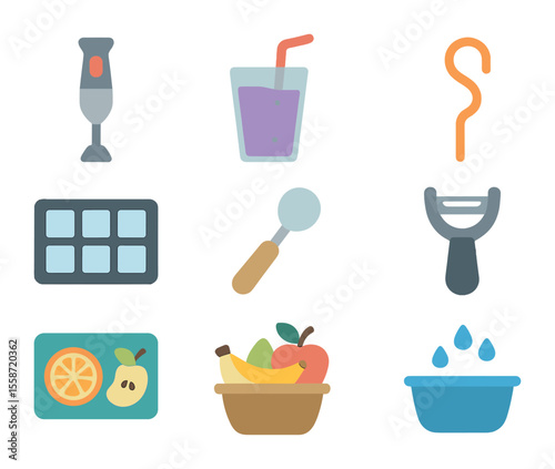 Smoothie Tool Icons. Flat icon set of smoothie preparation tools: hand blender, smoothie glass, straw swirl,