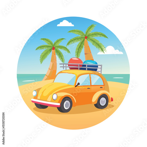 Vintage Yellow Car with Luggage on Sandy Beach at Sunset in Retro Travel Poster Style vector 