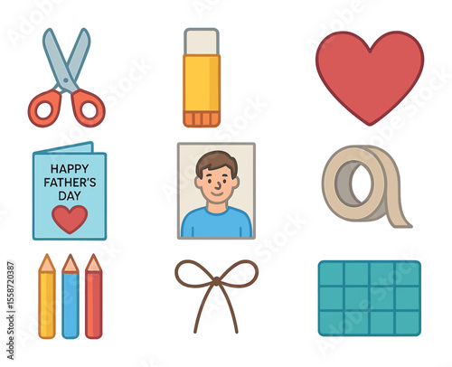 Father's Day Craft Icons. Flat icon set of Father’s Day DIY crafts: scissors, glue stick, paper heart,