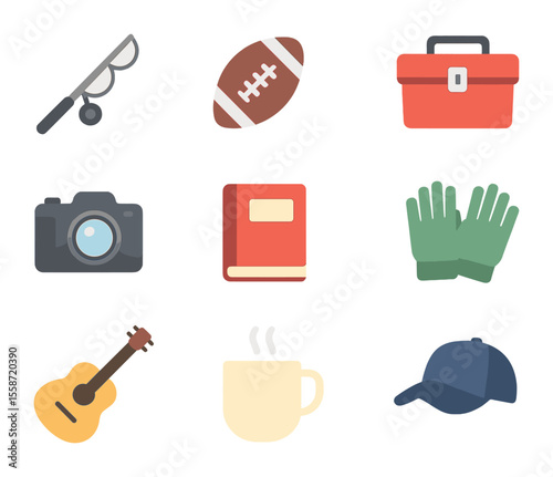 Dad's Favorite Hobbies. Flat icon set of dad’s favorite hobbies: fishing rod, football, tool box, camera, book