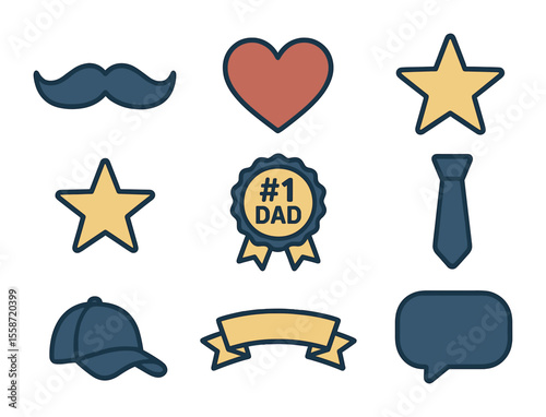 Father's Day Icons. Flat icon set of Father’s Day card elements: mustache, heart, stars, “#1 Dad” badge, tie