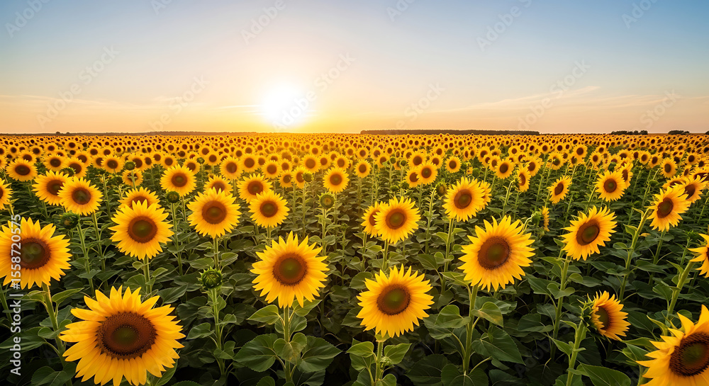 Fototapeta premium Sunflower field with a stunning sunrise view.