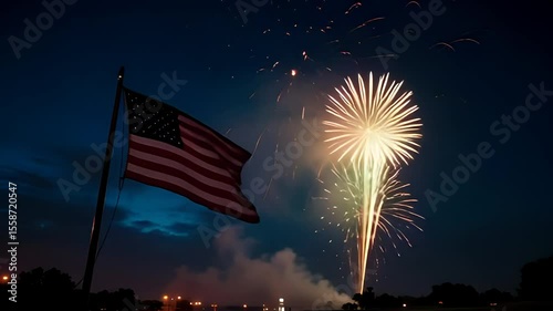 Celebrate independence with brilliant fireworks illuminating the night sky alongside the waving American flag on the Fourth of July holiday.