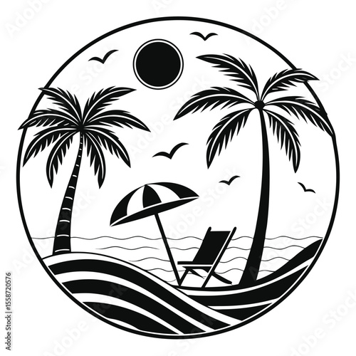 Tropical Beach Scene With Palm Trees And Ocean Waves Under A Sunny Sky