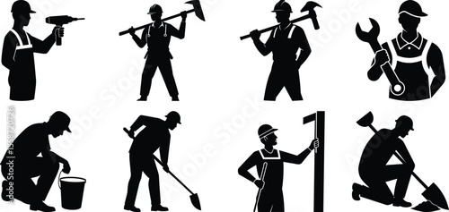 Vector art of a collection of black silhouettes of various construction workers using different tools, isolated on transparent background