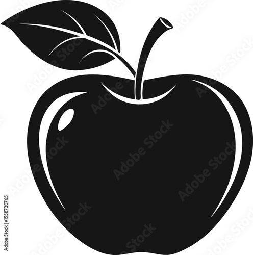 Simple black silhouette of a fresh apple with a stem and leaf