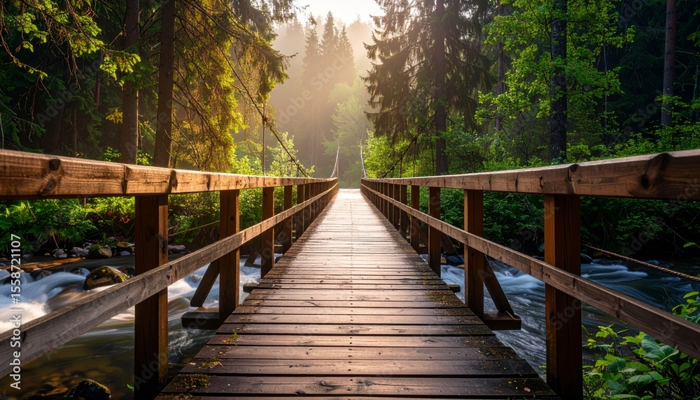 Fototapeta premium Serene Wooden Bridge Over Calm River Surrounded by Lush Forest