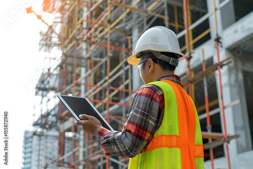 白いヘルメットを被った作業員が建設現場でタブレット操作中