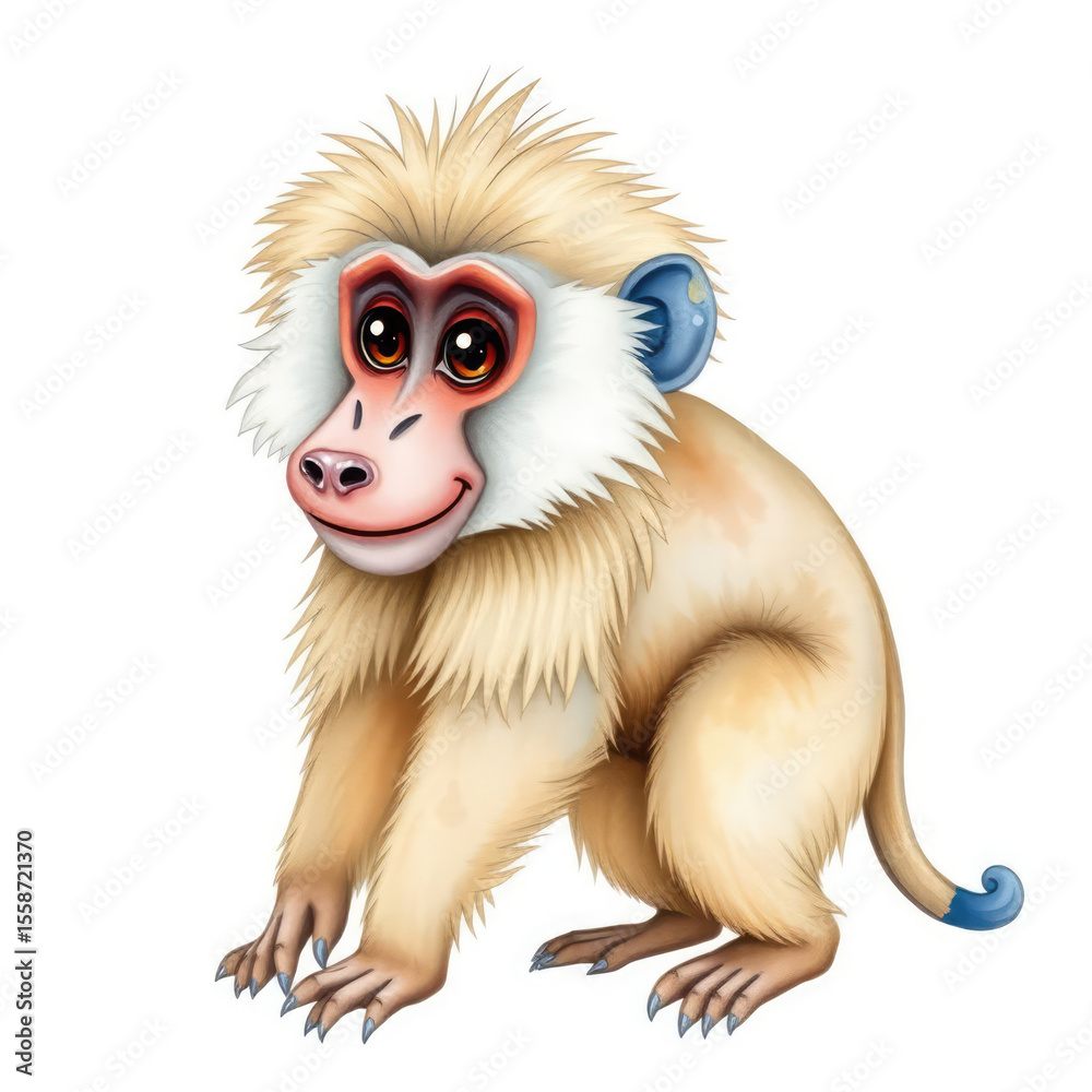 Fototapeta premium A friendly and colorful cartoon baboon smiles on a bright white background.