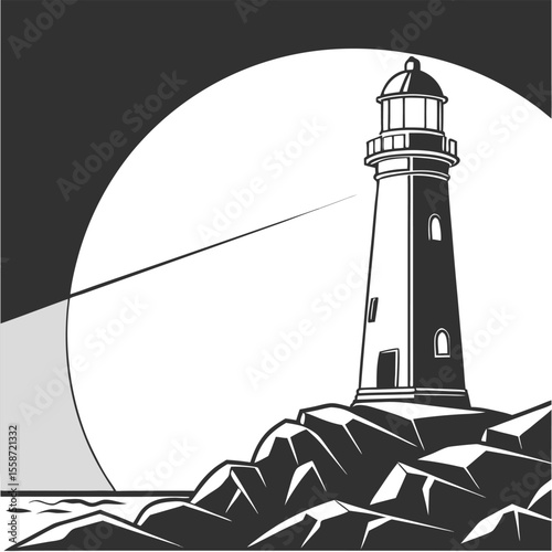 Iconic Lighthouse Illuminates Rocky Coastline Under a Full Moon Guiding Ships Safely