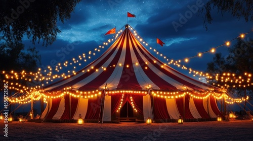 A brightly lit, red and white striped circus tent glows warmly under a starry night sky, surrounded by string lights and silhouetted trees.