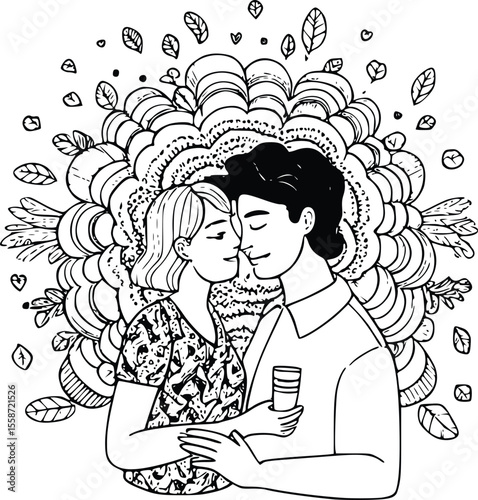 A loving couple embraces, surrounded by decorative floral elements, celebrating affection.