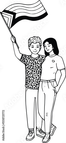 Two people stand together, one holding a Demisexual Pride flag.