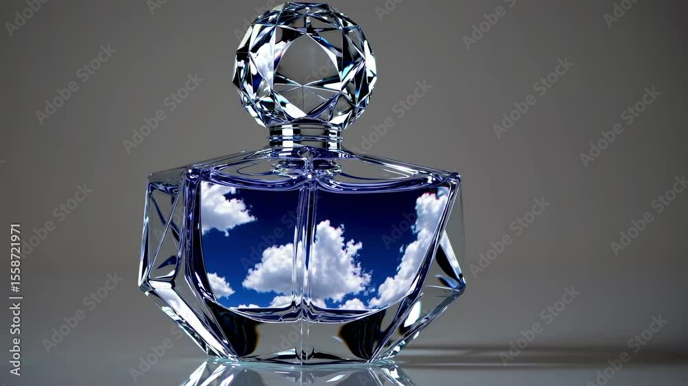 Elegant crystal perfume bottle with a faceted stopper reflecting a vibrant blue sky and fluffy white clouds, creating a luxurious and dreamy atmosphere