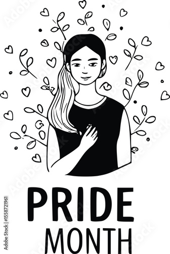 Illustration of a woman with hand on chest surrounded by hearts and foliage, with "Pride Month" text below.