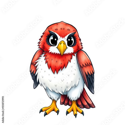 Cartoon bird illustration with red and white feathers on a white backdrop, full of charm.