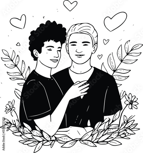 Affectionate same-sex couple depicted in a heartwarming, stylized illustration.