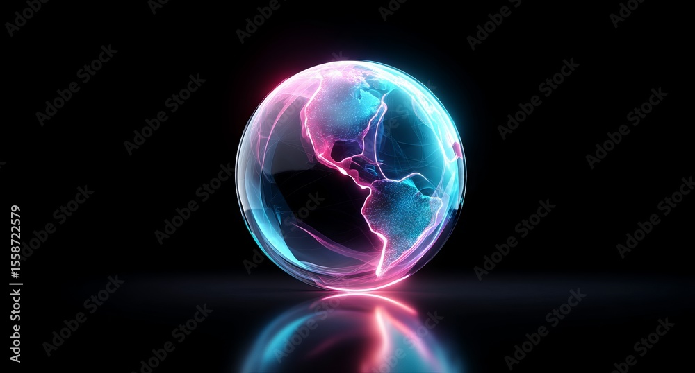 On a dark reflective surface, a glowing globe symbolizing the Earth is encircled by swirling neon patterns and vibrant trails of pink and blue light On a dark reflective surface, a glowing globe symbolizing the Earth is encircled by swirling neon patterns and vibrant trails of pink and blue light