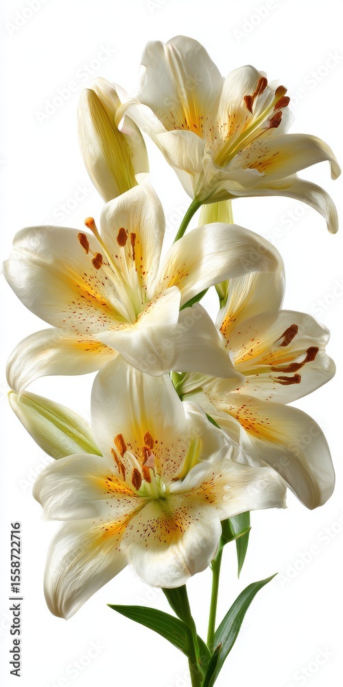 Fototapeta premium Elegant Creamy White Lilies with Yellow Gold Speckles on White Background
