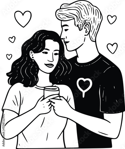 A loving couple sharing a drink, surrounded by floating hearts, in a romantic embrace.
