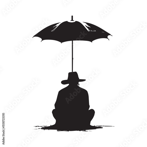 Vector illustration: a woman with an open black umbrella, offering protection from the autumn rain