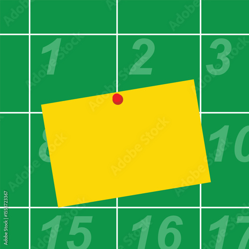 Green Calendar with Pinned Yellow Sticky Note on Monthly Grid Layout