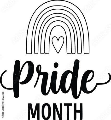 Black and white illustration of "Pride Month" text with a rainbow and heart.