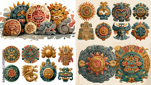 Detailed watercolor illustration of Aztec symbols and calendar icons with vibrant tribal patterns, perfect for cultural, historical, and ornamental design themes.

