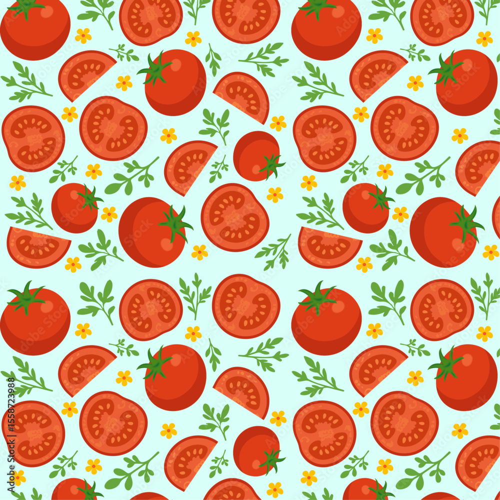 Fresh Tomato Seamless Pattern with Herbs and Flowers