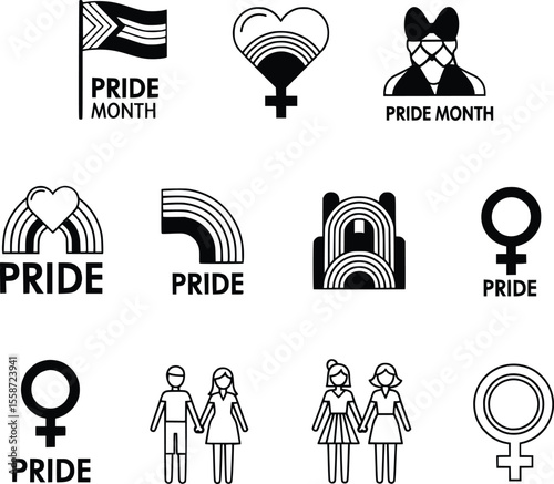 Pride month icons featuring rainbows, gender symbols, and couples in a minimalist style set collection bundle