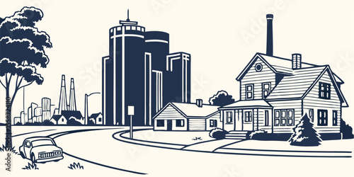 Warren (MI) Skyline silhouette with General Motors Technical Center, civic structures, and suburban landscapes.
