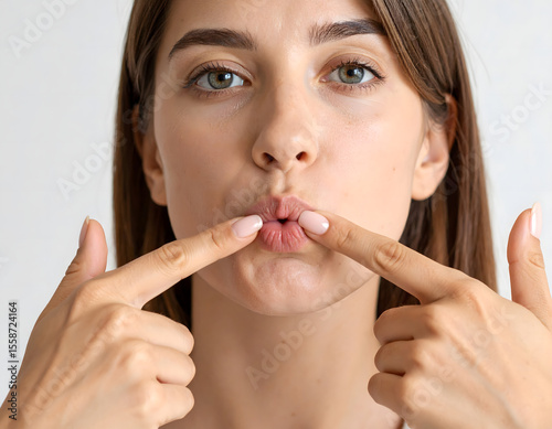 woman with long brown hair confidently performs a whistle gesture by placing fingers in their mouth. The plain white background draws attention to the bold, expressive pose.