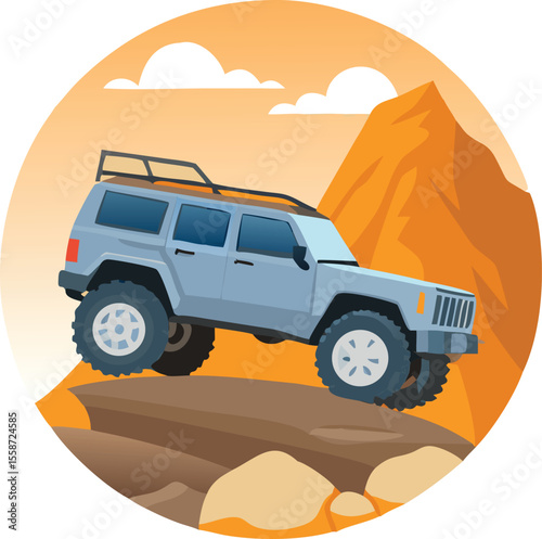Rugged off road SUV navigating challenging rocky mountain vector art design 