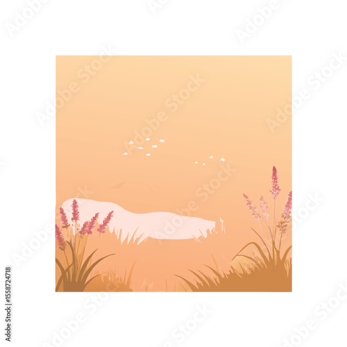 Serene foggy meadow at dusk enveloped in a soft natural scene vector art design 