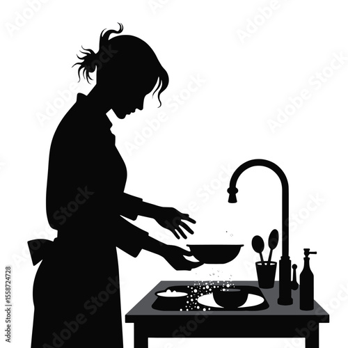 Black Silhouette Vector of Person Washing Dishes at Sink in Daily Kitchen Chore Scene on White Background Full HD