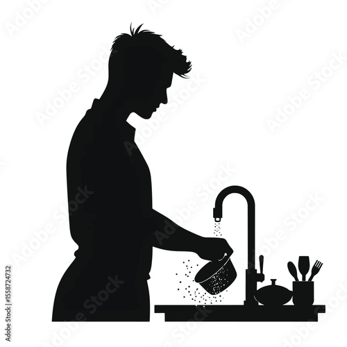 Black Silhouette Vector of Person Washing Dishes at Sink in Daily Kitchen Chore Scene on White Background Full HD