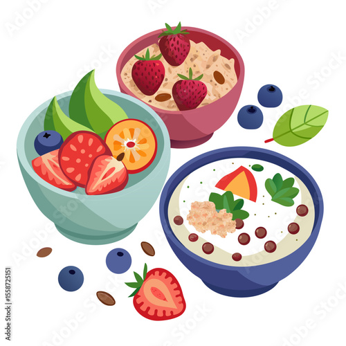 Flat design vector of smoothie bowls with toppings – berries, granola, chia seeds – on white