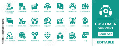 Customer Support Icon Set. Features icons of help desk, chat, call center, email, headset, and support team. Perfect for service apps, websites, and business tools.