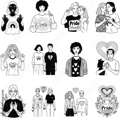 Diverse LGBTQ+ individuals and couples depicted in a Pride Month themed graphic design set bundle