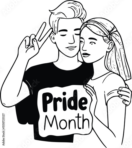 A young couple embraces, holding a "Pride Month" sign, with one person making a peace sign.