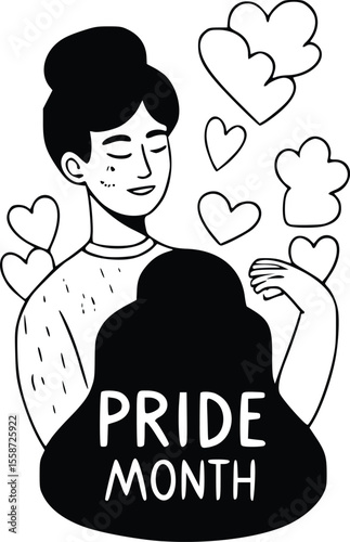 A serene woman embraces self-love during Pride Month, surrounded by hearts.