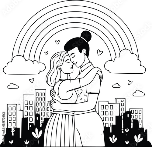 Two women embracing under a rainbow in a city, surrounded by clouds and hearts.