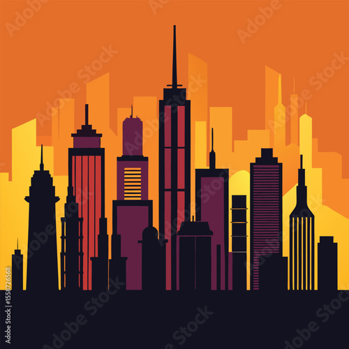 Stylized vibrant city skyline at sunset with warm orange sky