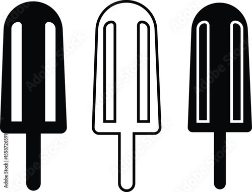 A graphic design featuring three distinct representations of a popsicle. Two is a bold, solid black silhouette, while the other is a clean, white outline.