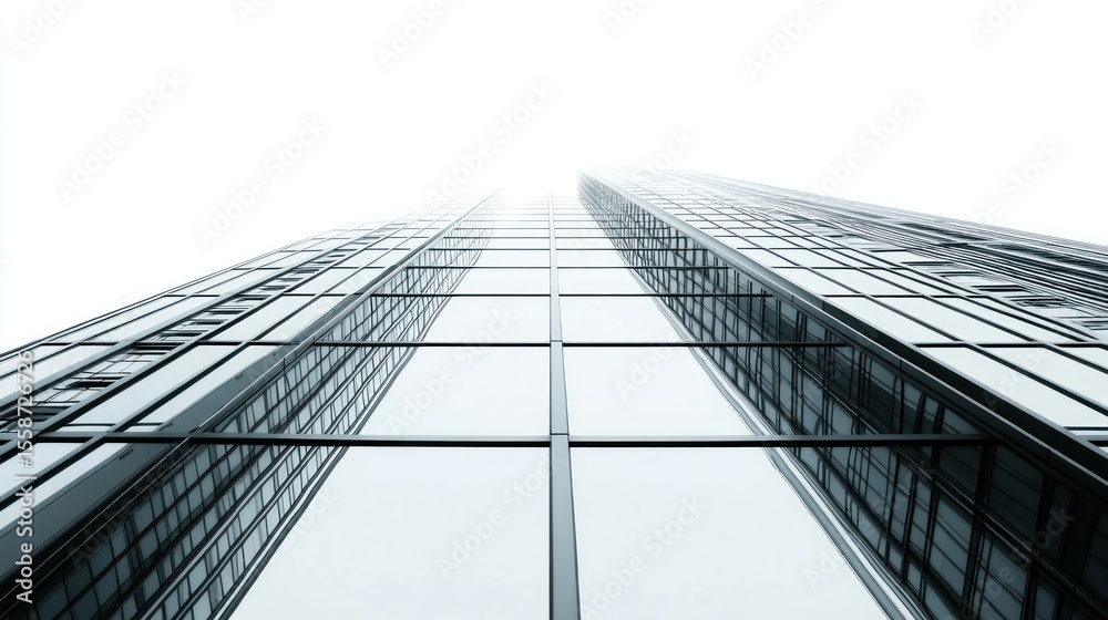 Fototapeta premium Low-angle view of two sleek, glass-fronted skyscrapers reaching towards a bright, overcast sky